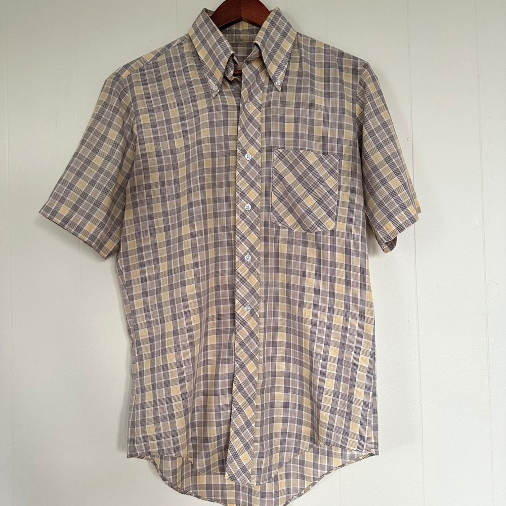 Vintage 70s Arrow Plaid Short Sleeve Button Up Shirt Size M Tan Brown